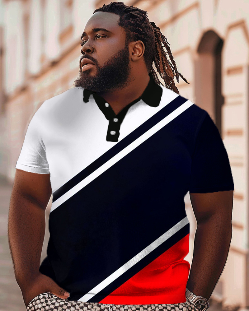 Three Color Personalized Patchwork Printed Large Black Men's Polo T-shirt