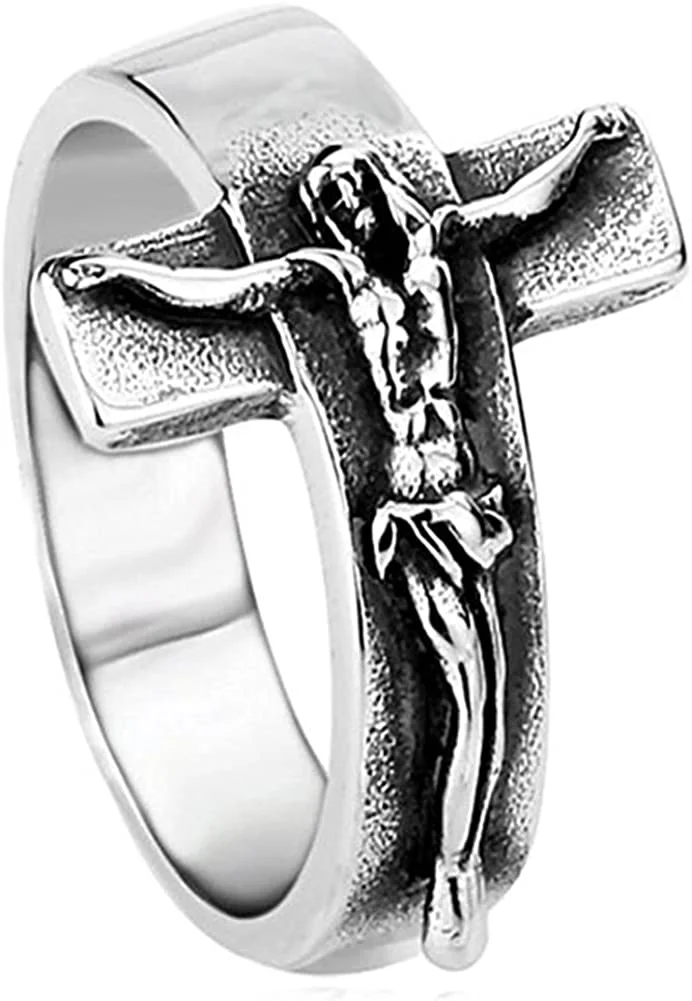 JAJAFOOK Men's Vintage Stainless Steel Jesus Cross Band Crucifix Ring