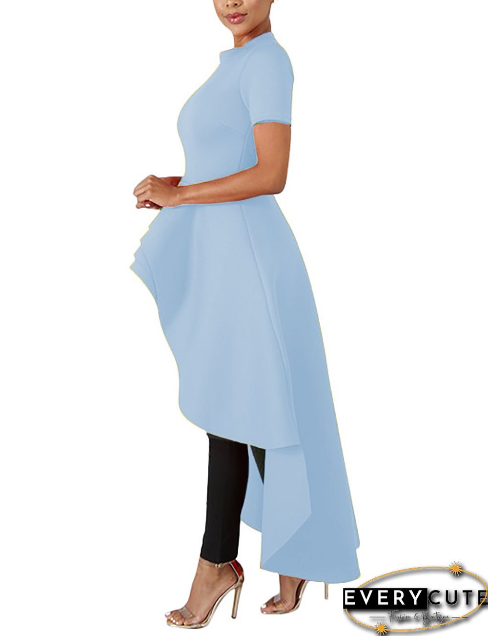 Light Blue Ruffles Hem Short Front Evening Dress