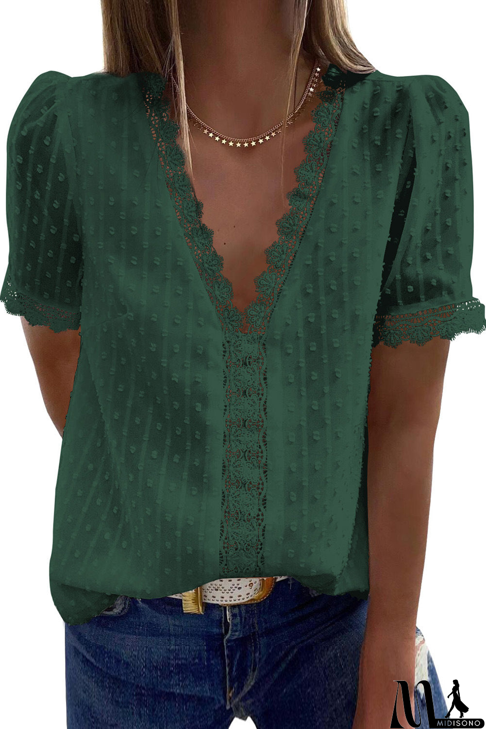 MidiSono - Women Solid Color V-neck Short Sleeved Chiffon Shirt Top