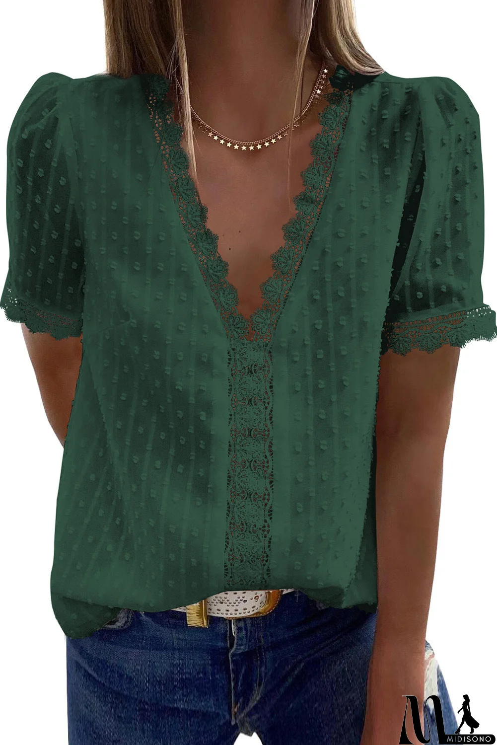 MidiSono - Women Solid Color V-neck Short Sleeved Chiffon Shirt Top