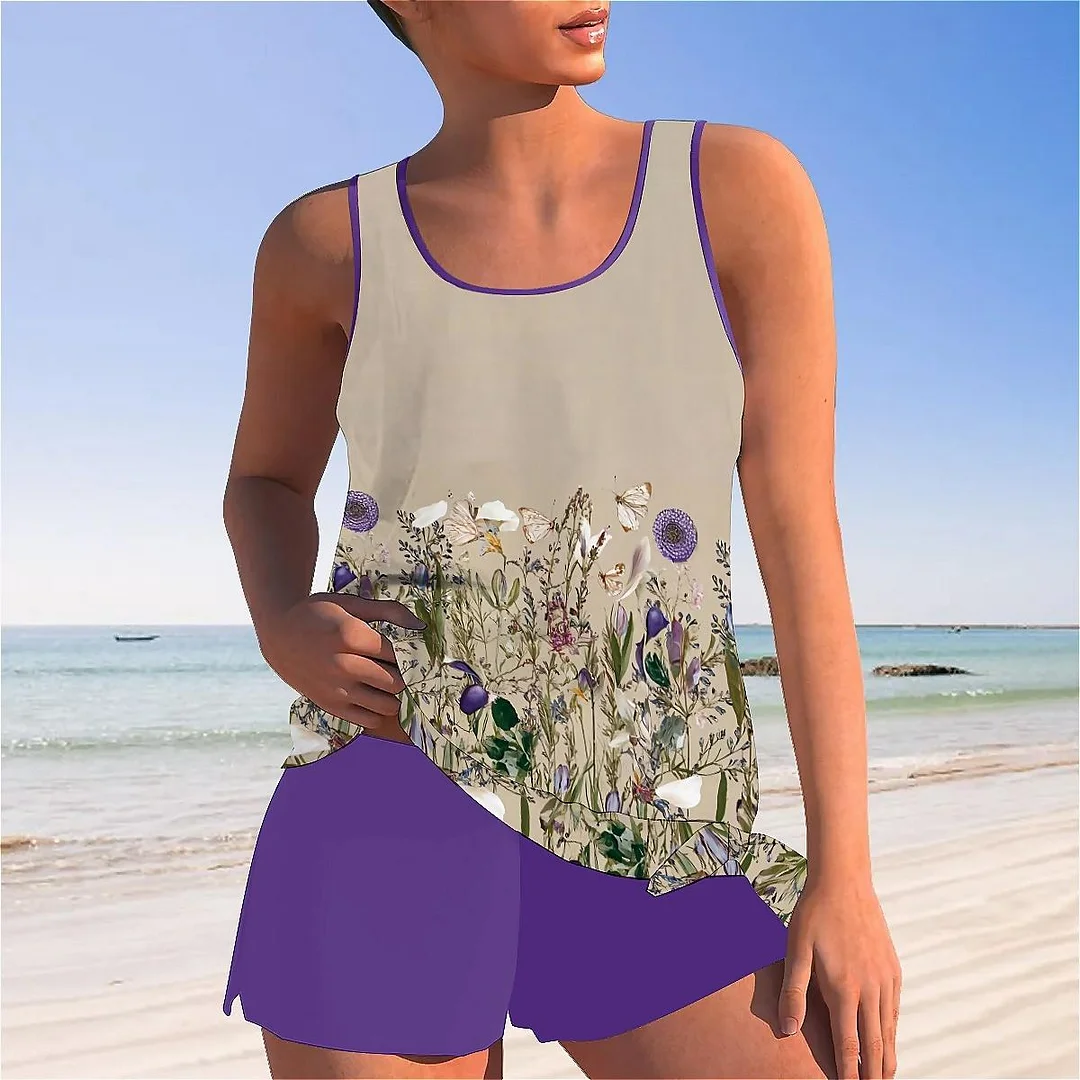 Bowknot Apricot,Floral,Colorful Mid Waisted Tankini Set - Plus Size Available