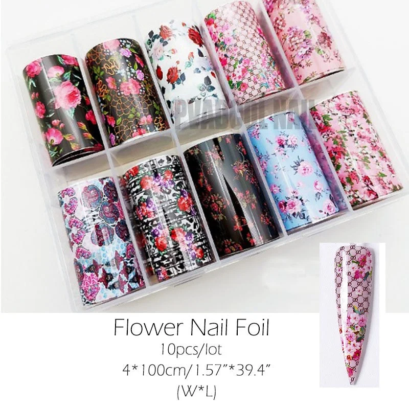 Holographic Flower Nail Foil Floral Foil Nails Nail Art Transfer Foils Wraps Acrylic Nails Design 10rolls/box-Nail Inspo