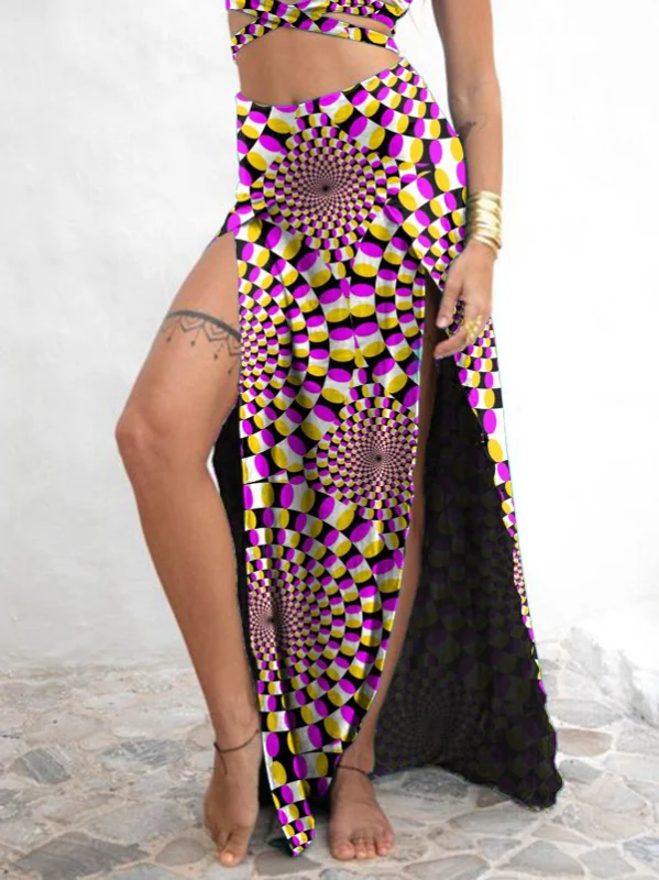 Retro Geometry Gradient Print Slit Long Maxi Skirt