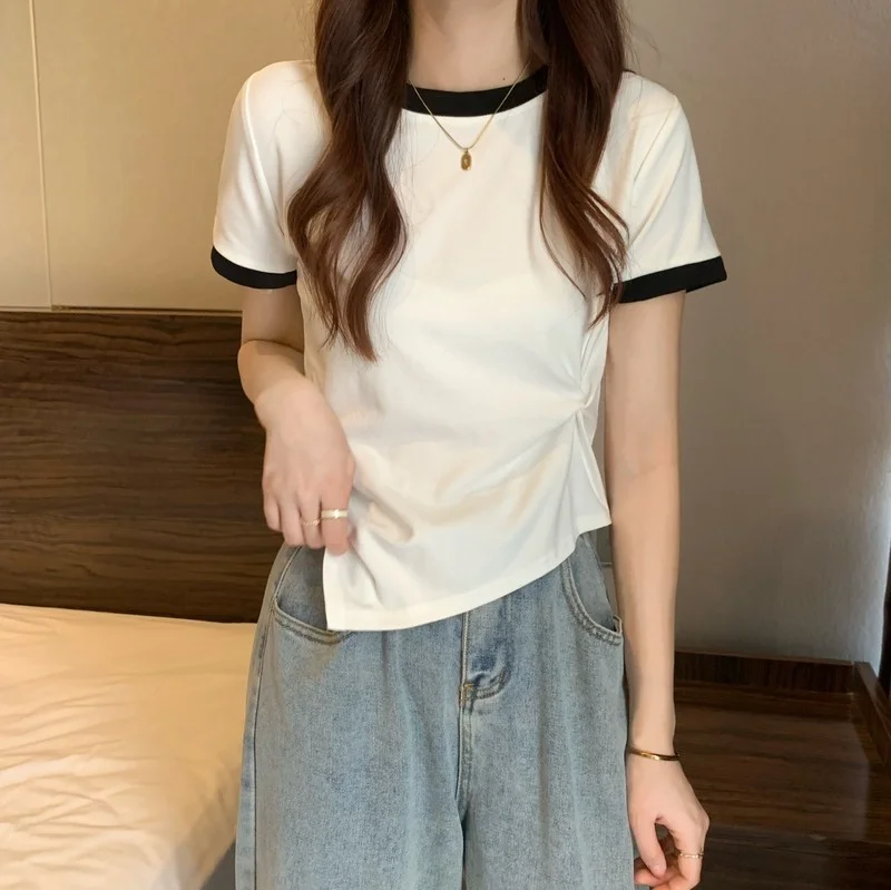 Uveng Uveng Female 2024 New Summer Design Sense Contrast Color T-Shirt Fashion Chic Irregular Short Student Jacket