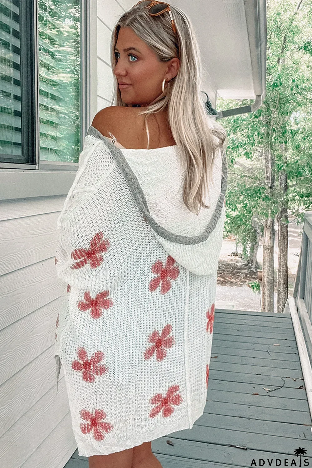 Floral Print Lightweight Knit Hooded Sweater