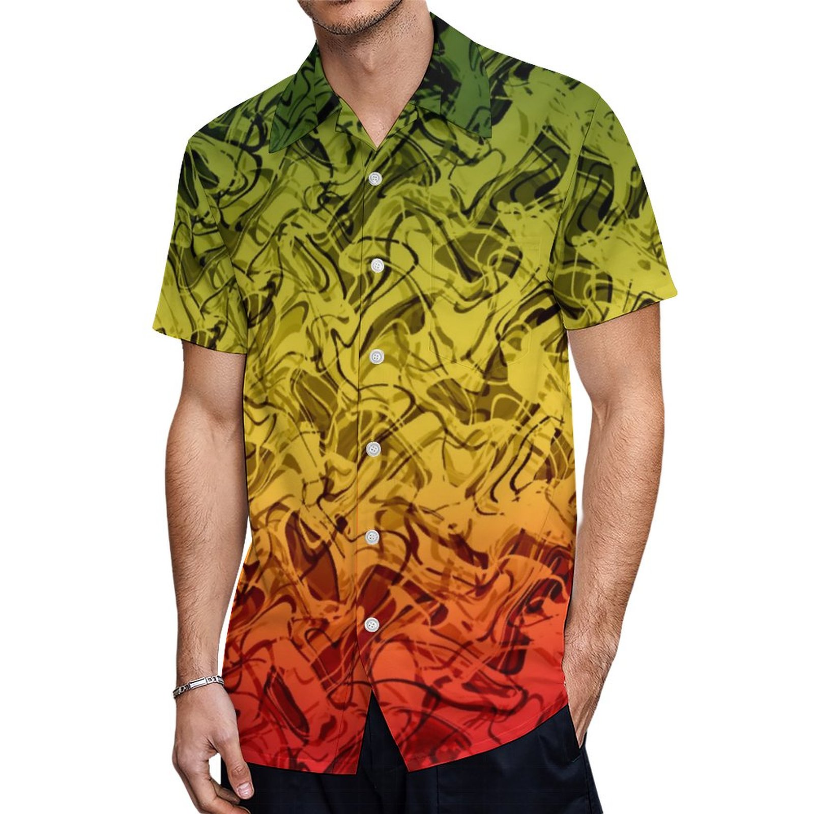 Rasta Fire Abstract Smoke Cool Green Yellow Red Hawaiian Shirt Mens Button Down Tropical Hawaii Beach Shirts