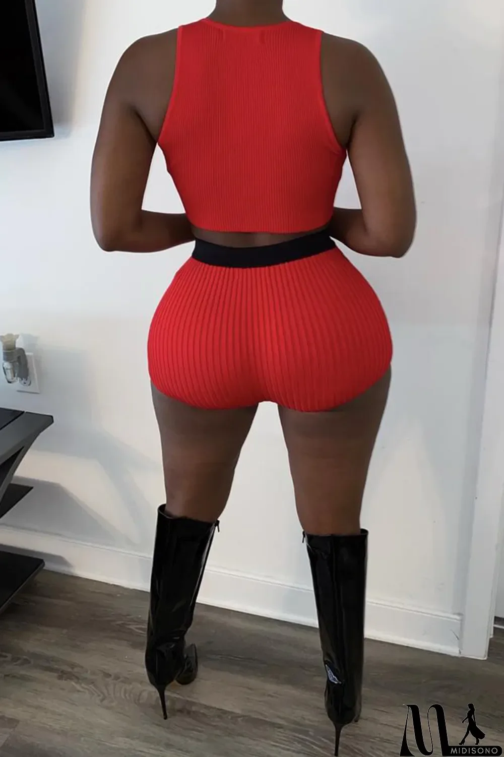 MidiSono - Red Sexy Solid Buckle V Neck Sleeveless Two Pieces