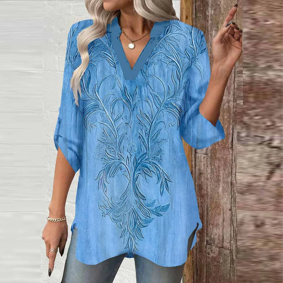 Women Retro,Blue,Floral DZGA0625 3/4 Sleeve V-neck Printed Graphic Button Tops