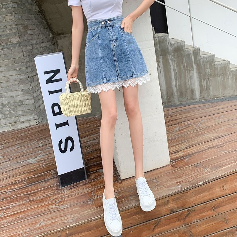 Lace-Hem Denim A-Line Mini Skirt