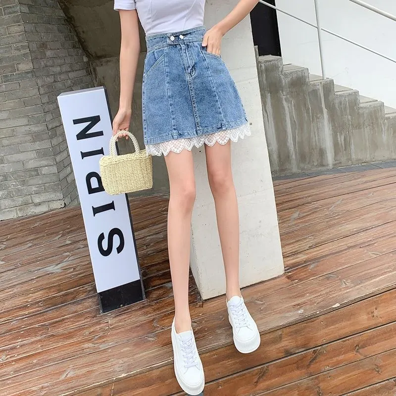 Lace-Hem Denim A-Line Mini Skirt