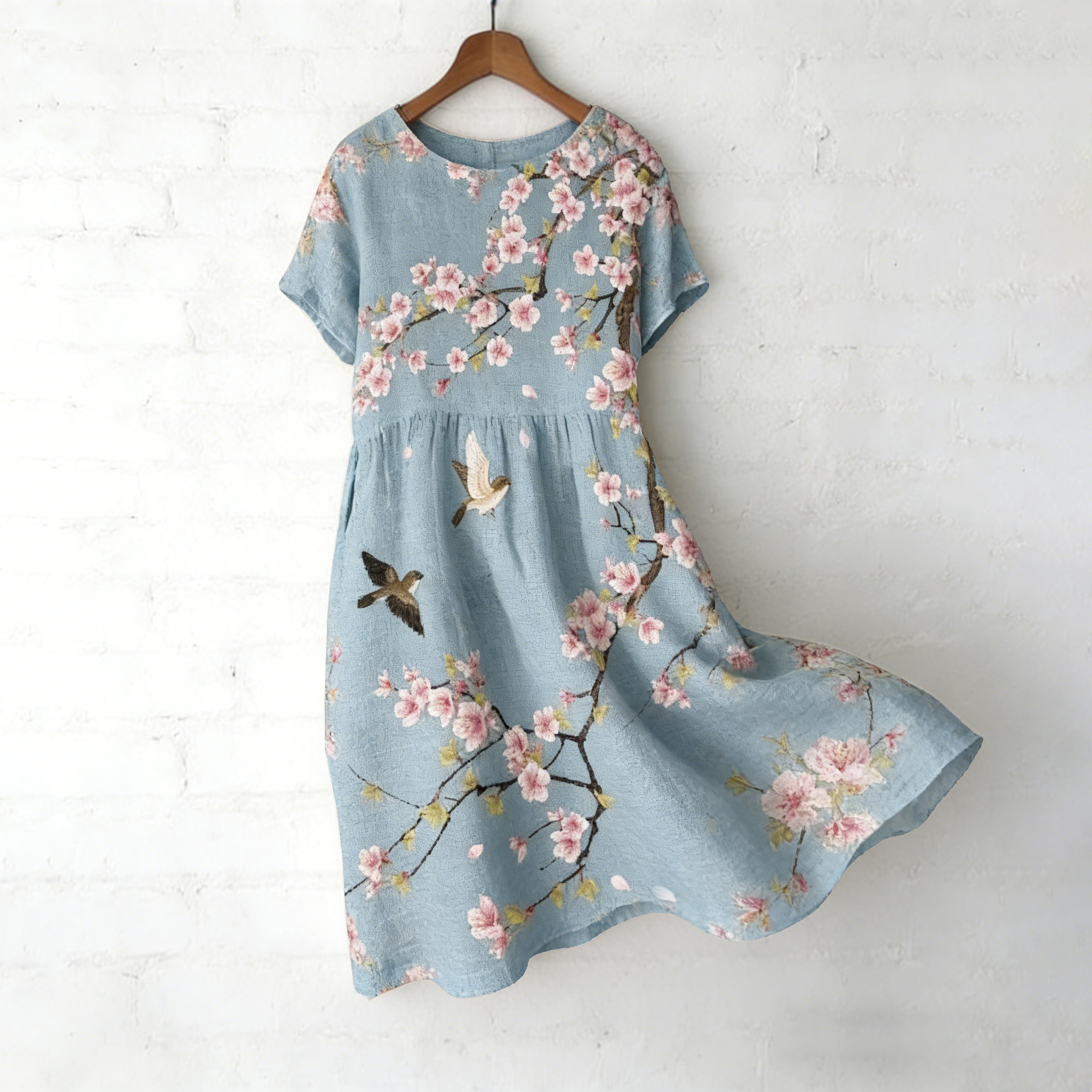 Women's Japanese Floral And Bird Print Round Neck Short Sleeve Midi Dress wearshes