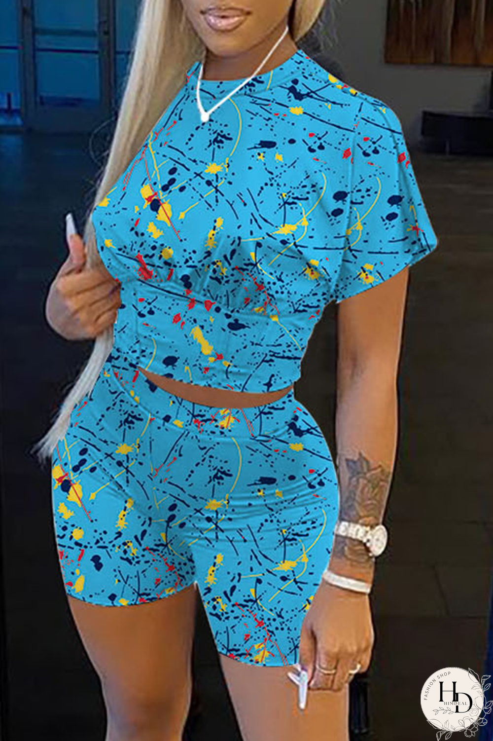 Grey Casual Print Patchwork O Neck Short Sleeve Two Pieces