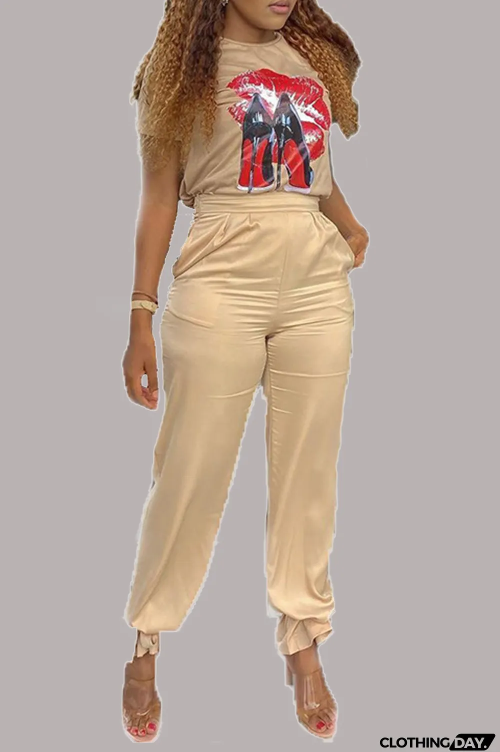 Light Yellow Casual Print Split Joint O Neck Short Sleeve Two Pieces