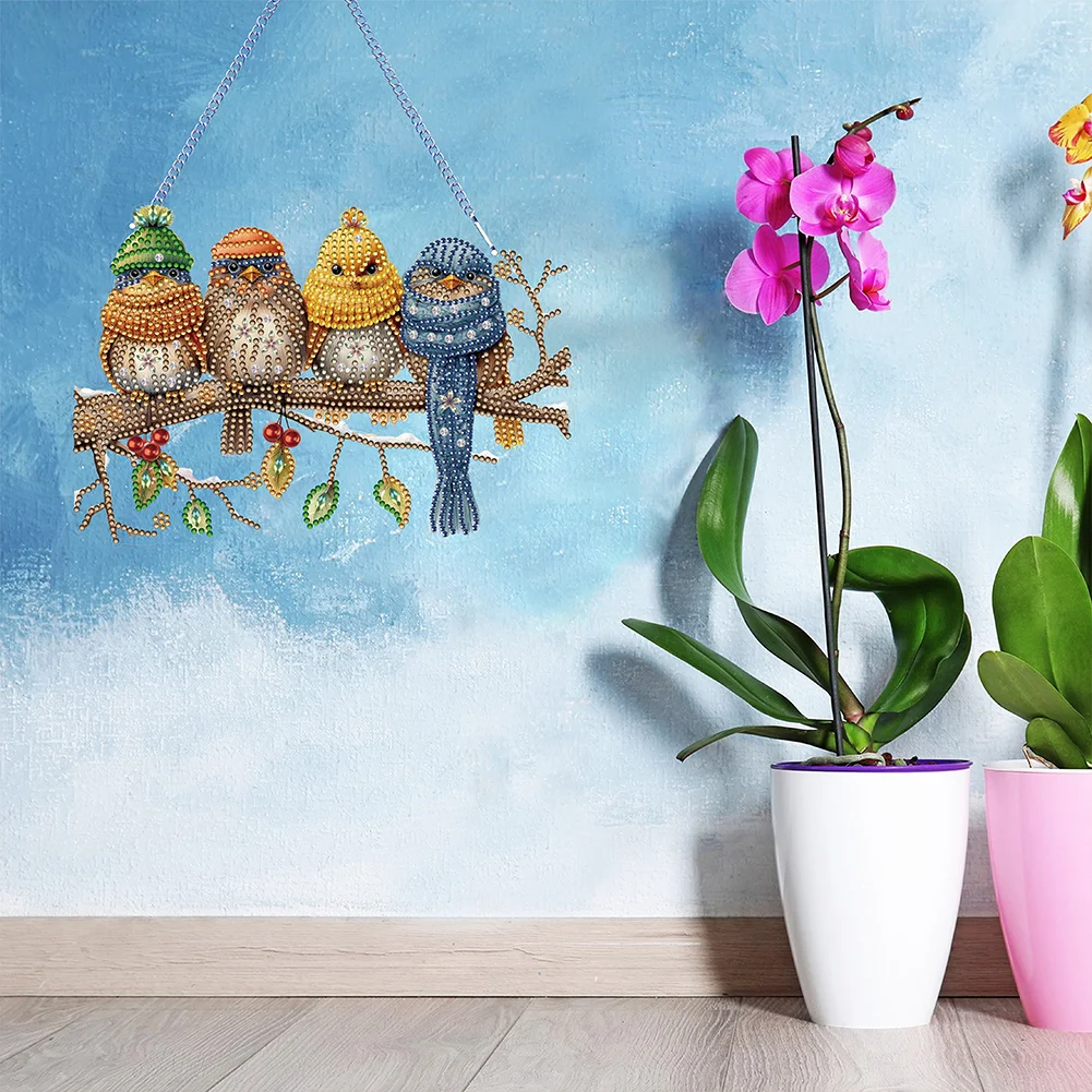 DIY Birds on Branch Acrylic Single-Sided Diamond Painting Hanging Pendant