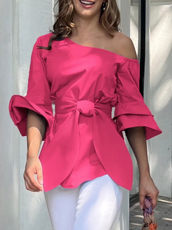 Solid Color Knot Asymmetric Flared Sleeves One-shoulder Blouses&shirts Tops
