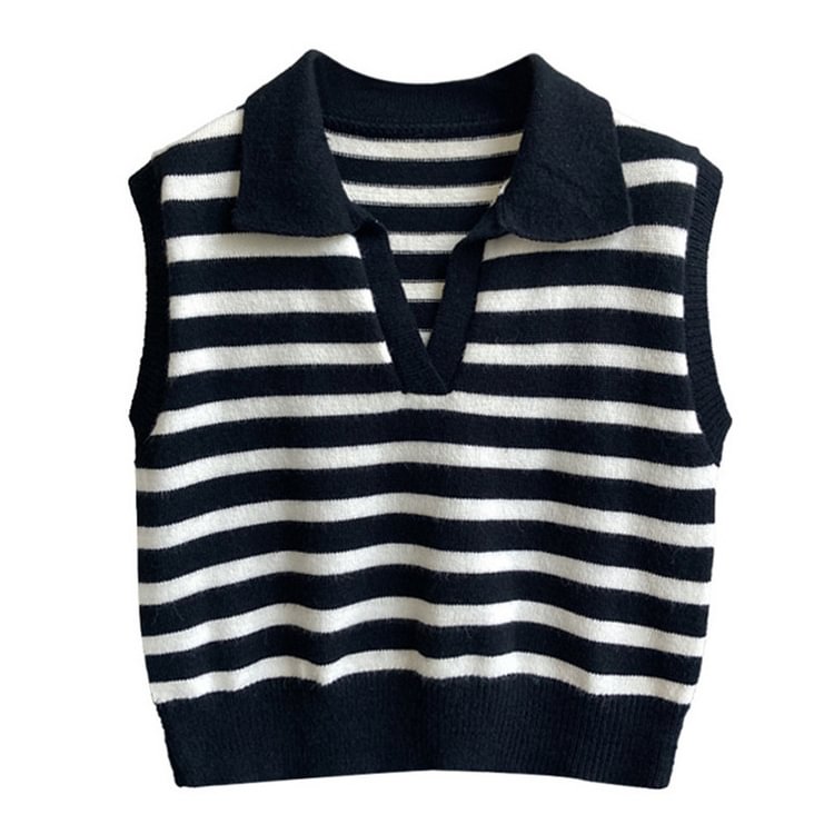 French Lapel Contrast Color Striped Sleeveless Knitted Sweater 
