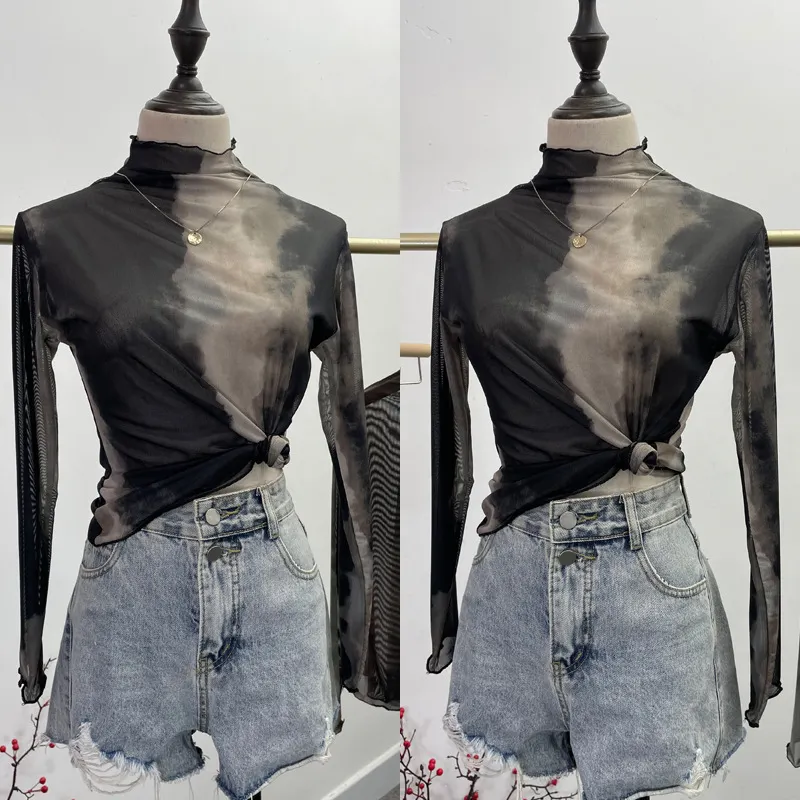 Churchf Real Shooting Wave Side Half-High Collar Net Yarn Dyed Long Sleeve Thin Inside The Bottom Shirt Autumn And Winter Folded T-Shirt 8921