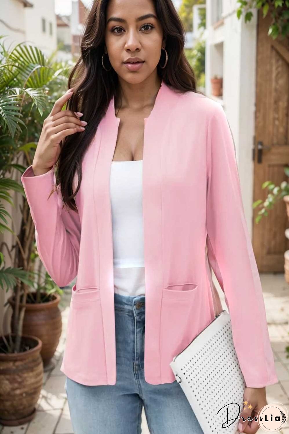 solid long sleeves pockets open front versatile blazer