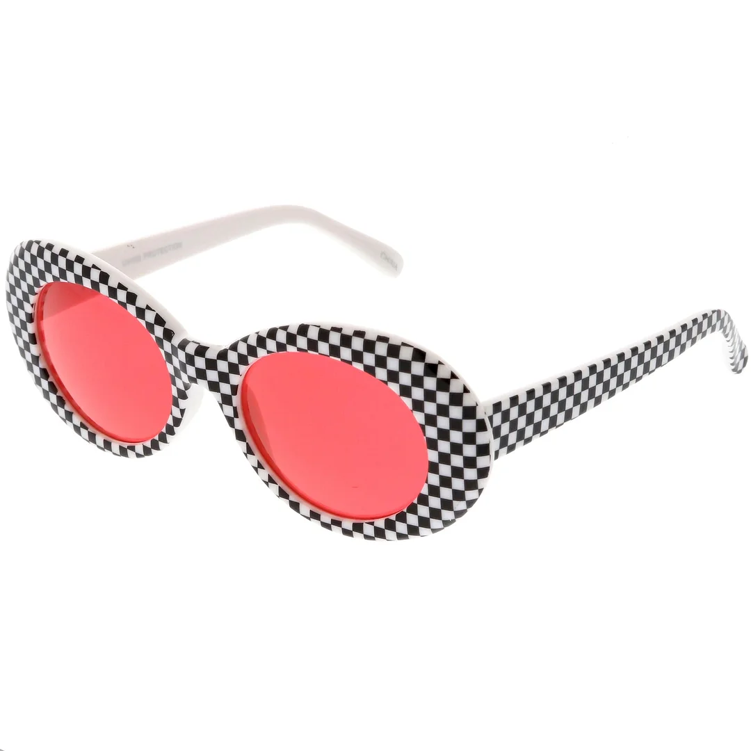 Large Retro Checkered Oval glasses Thick Frame Colored Lens Wide Arms 53mm