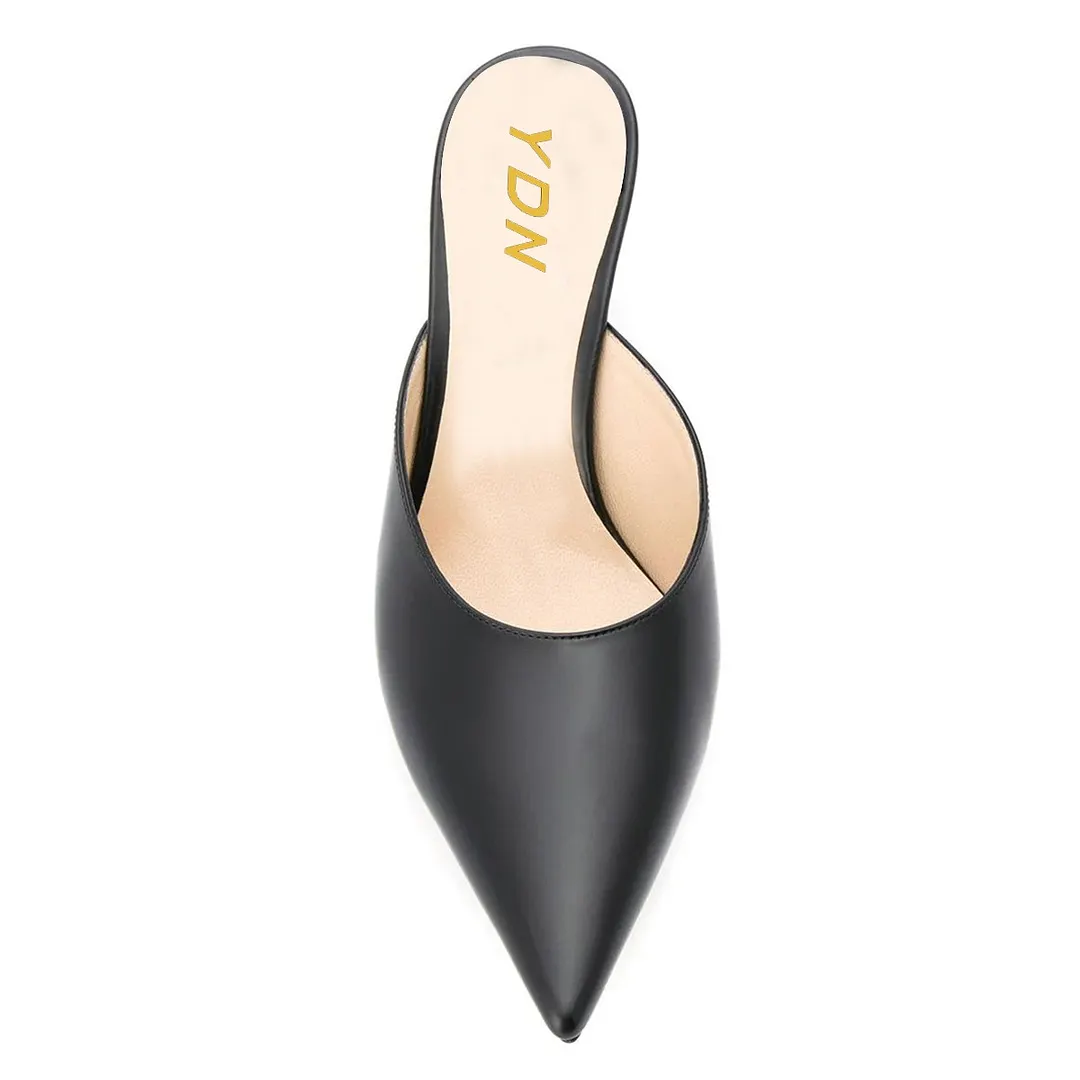 Black Vegan Leather Pointed Toe Mules Shoes with Stiletto Heels