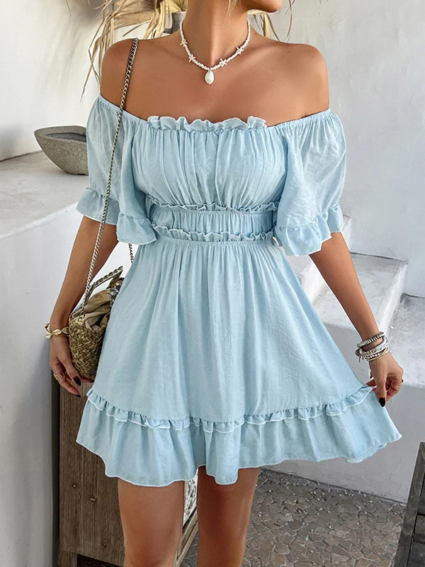 Solid Color Ruffle Trim Pleated Elasticity Puff Sleeves Loose Square-neck Mini Dresses
