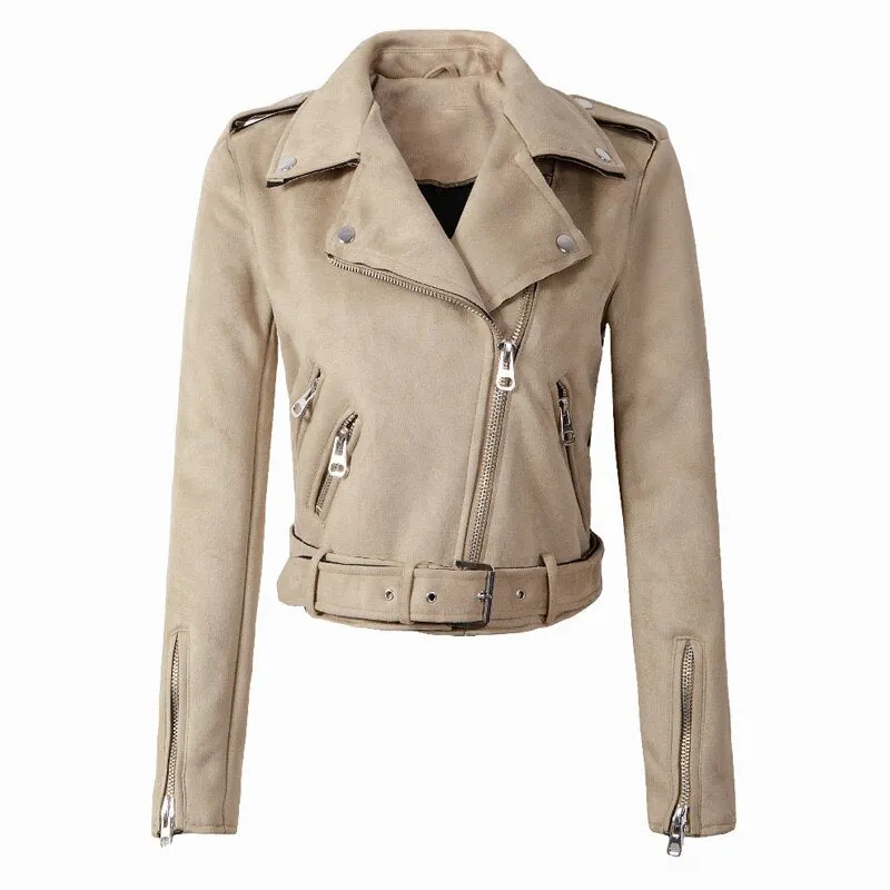 FTLZZ Women Faux Suede Jacket Coats Motorcycle Zipper Turndown Collar Faux Soft Leather Overcoat Female Black Punk Short Jacket