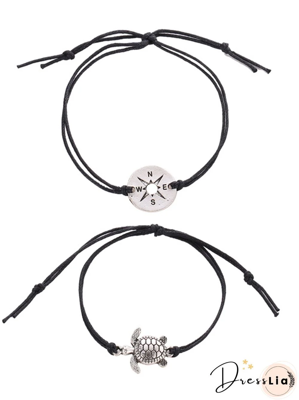 2Pcs Retro Simple Compass Turtle Cord Bracelet Set