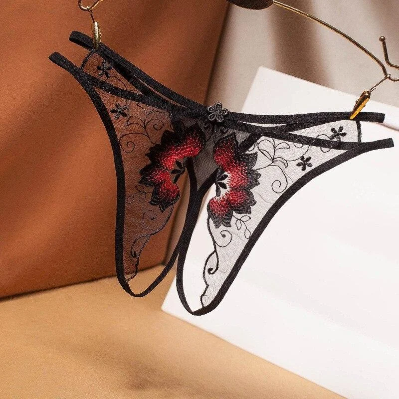 New Embroidery Sexy Thongs Lace Transparent Panties for Women Sexy Underwear Erotic Lingerie G String Open Crotch Briefs For Sex 921 1113