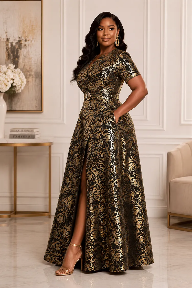 Xpluswear Design Plus Size Formal Gold Short Sleeve Pocket Split Satin Maxi Dresses Gold-2XL/18-20