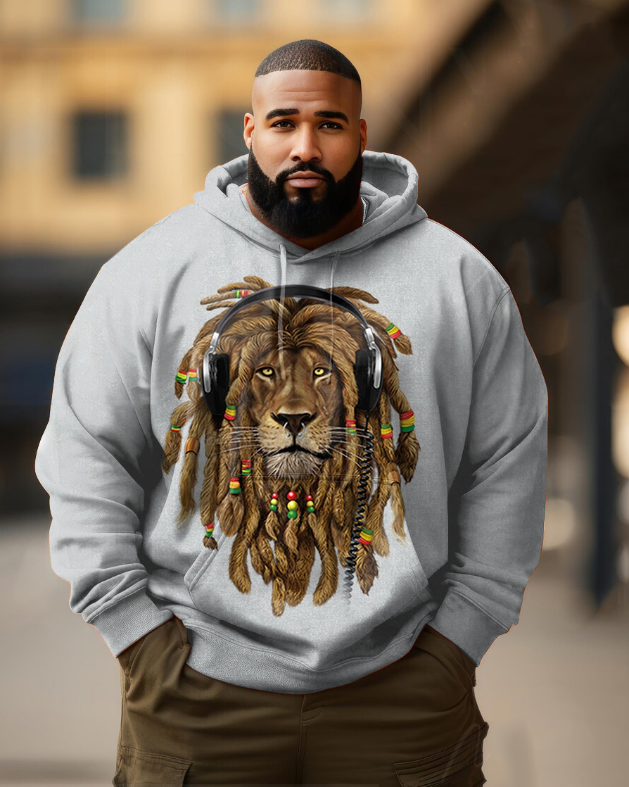 Men's Plus Size Rasta Lion Headphones Long Sleeve Hoodie