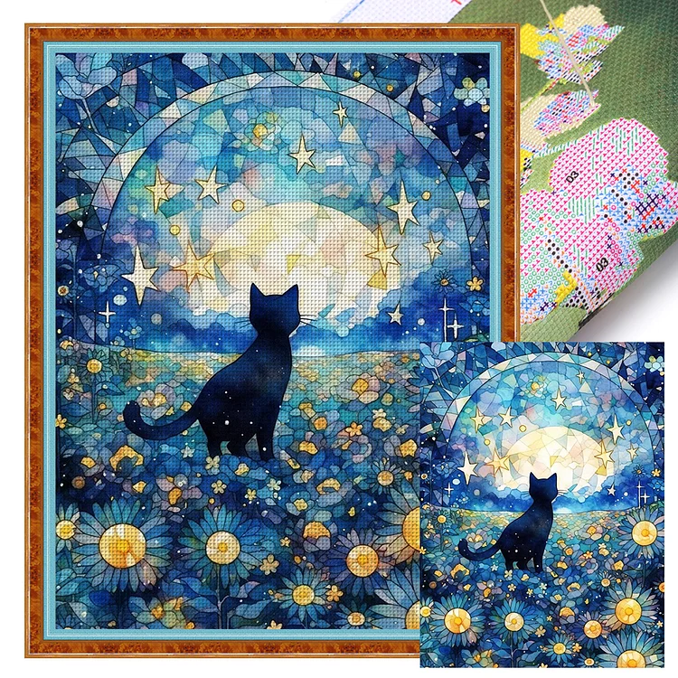 『YiShu』Stained Glass Black Cat - 11CT Stamped Cross Stitch(50*65cm)