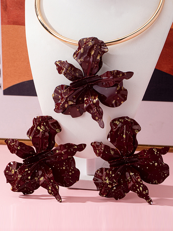 Flower Shape Necklaces Accessories + Drop Earrings BURGUNDY-One_size