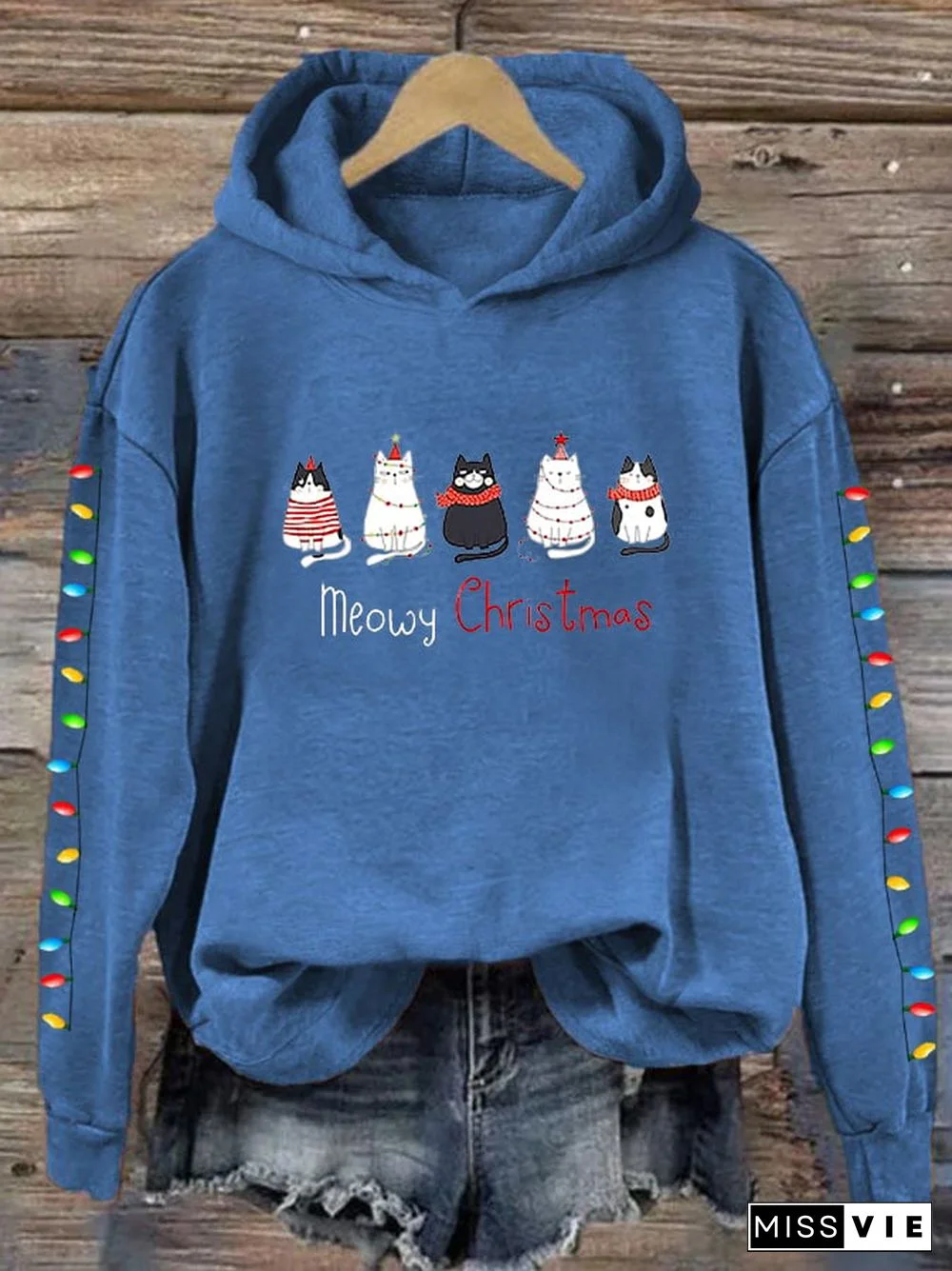 Women's Meowy Christmas Merry Christmas Cat Lover Lantern Printing Casual Hoodie