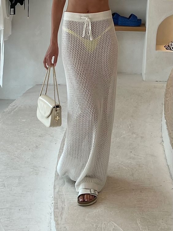 Ootddress Hollow Out Knit Long Skirt For Women See-Through Casual Holiday Beach Skirt Outfits Solid Knitwear Lace-Up Women Y2k Skirt