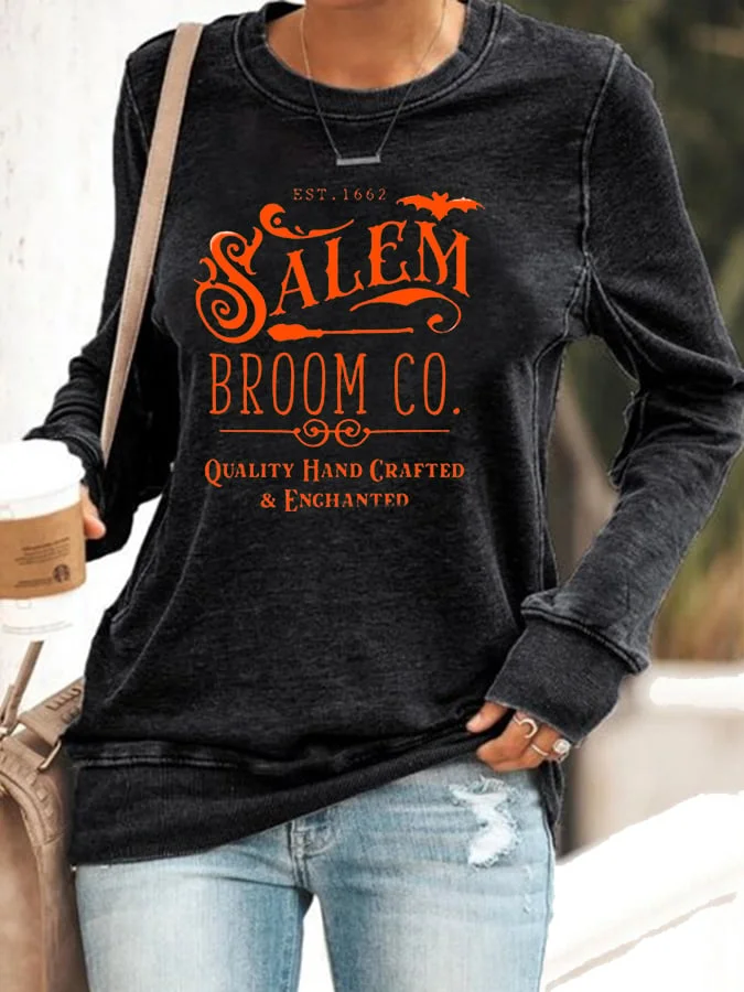 Women's Halloween Salem Broom Co Printed Sweatshirt