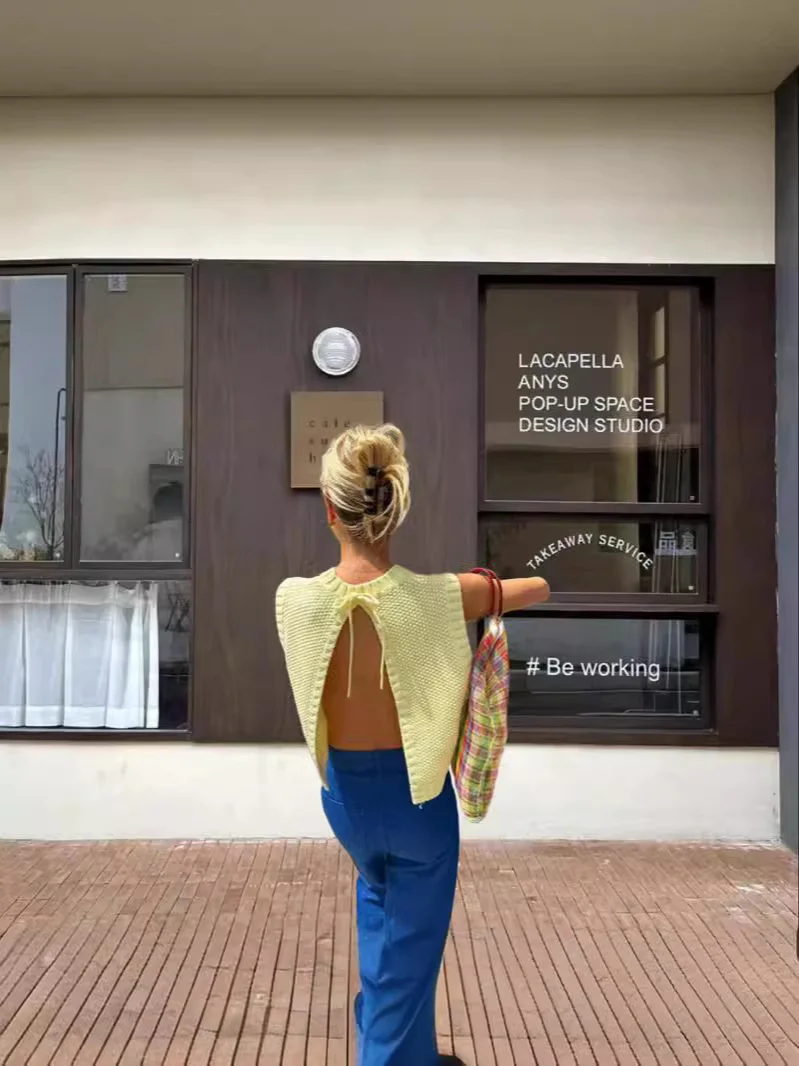 Churchf Churchf Women's 2024 New Yellow Round Collar Exposed Back Strap Round Collar Woven Vest