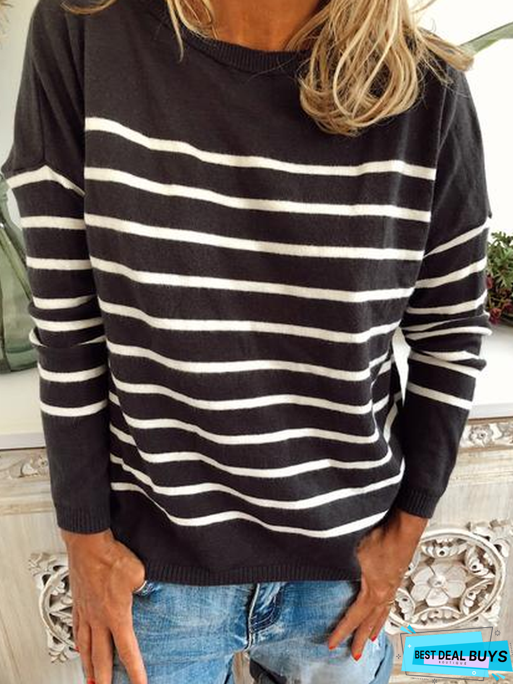 Bateau/Boat Neck Stripes Knitted Long Sleeve Sweater