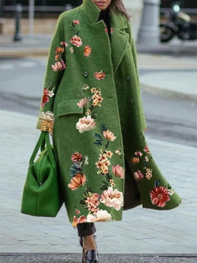 Autumn and winter long woolen coat solid color temperament commuter beltless lapel loose-fitting woolen green coat 214