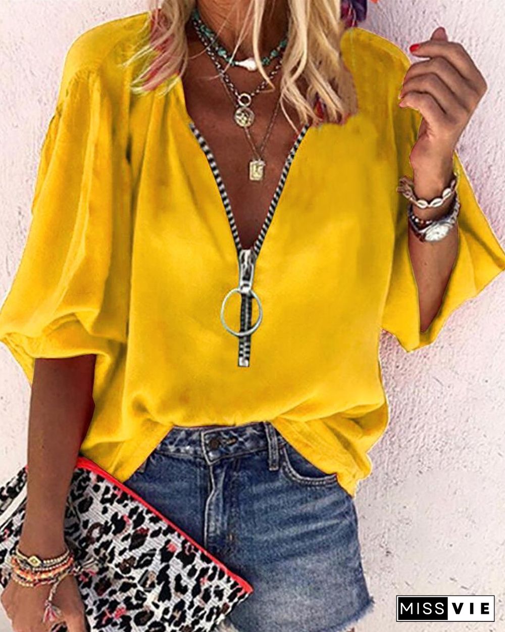 Lantern Sleeve Zipper Design Casual Top P13062