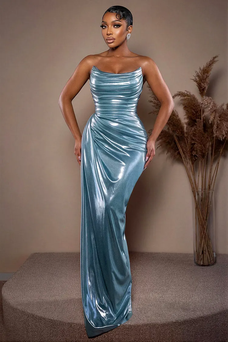 slim evening dresses Metallic Strapless Ruched Slim Evening Gowns Maxi Dresses-Gold [Pre Order]