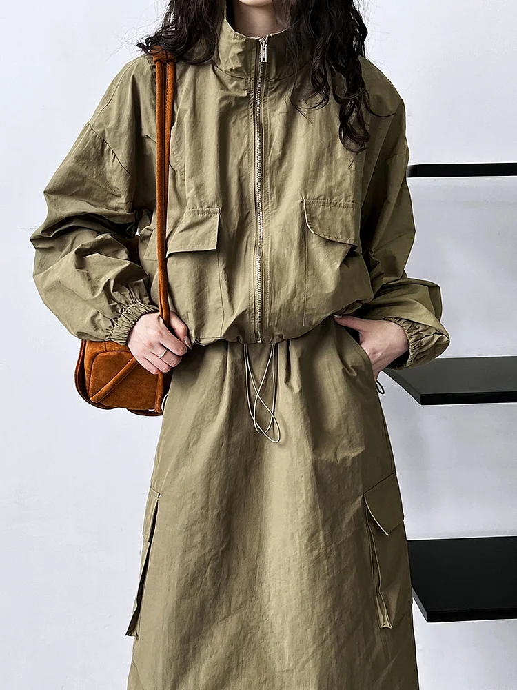 Sporty Zipper Outerwear and Drawstring Skirt Suits
