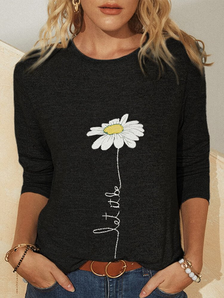 Simple Flower Print Long Sleeves Casual T shirt For Women P1697694