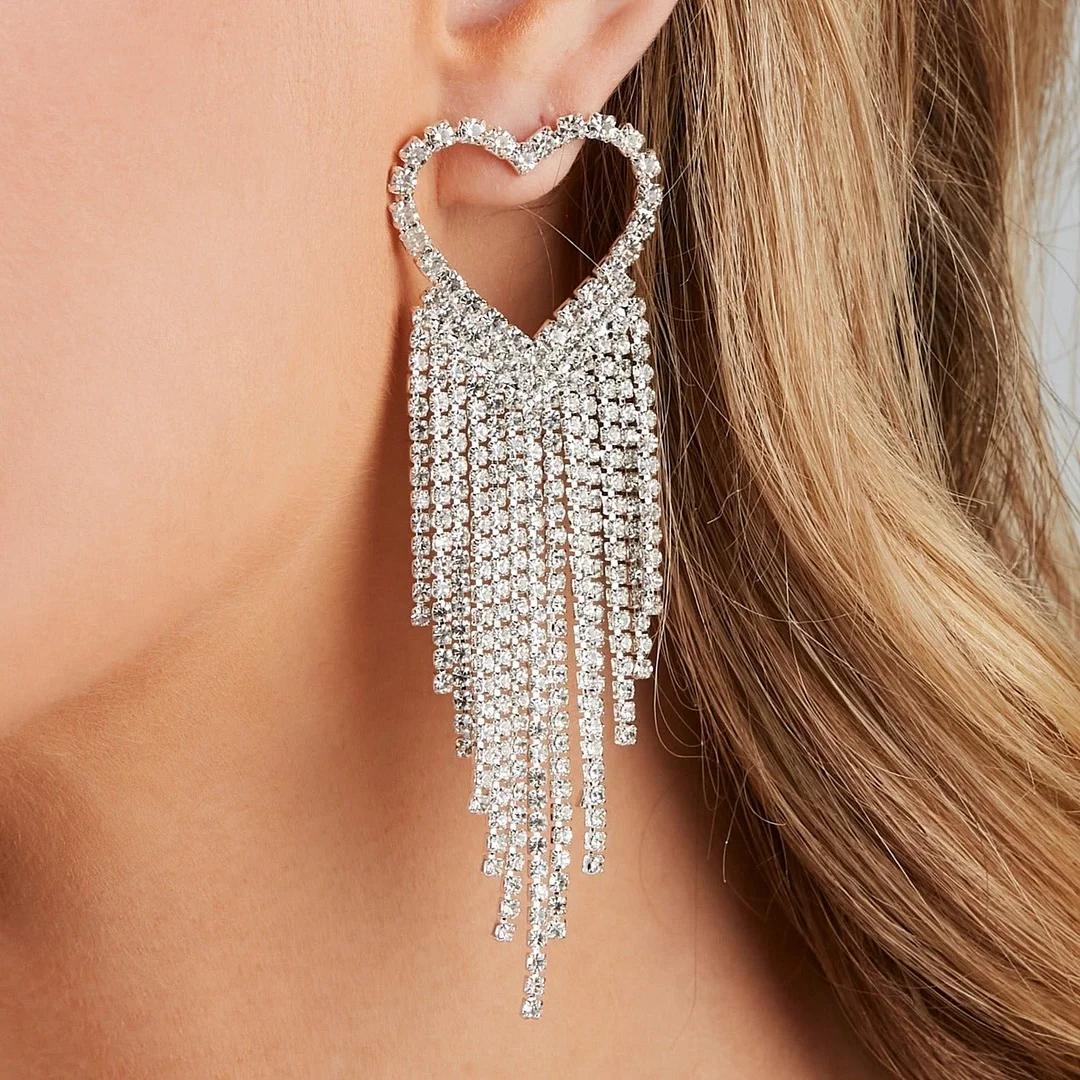 Heart Eyes Rhinestone Fringe Earrings