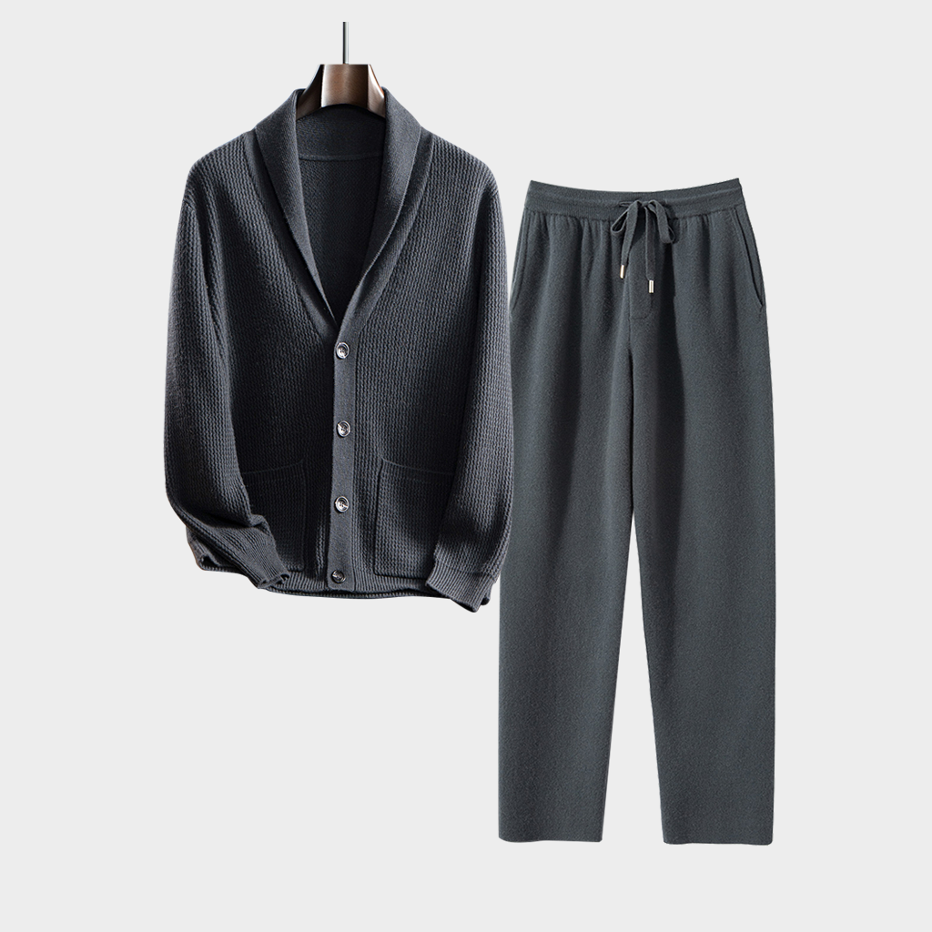Men's Dark Grey Shawl Collar Cashmere Cardigan and Pants Set | Modern Minimalist REAL SILK LIFE
