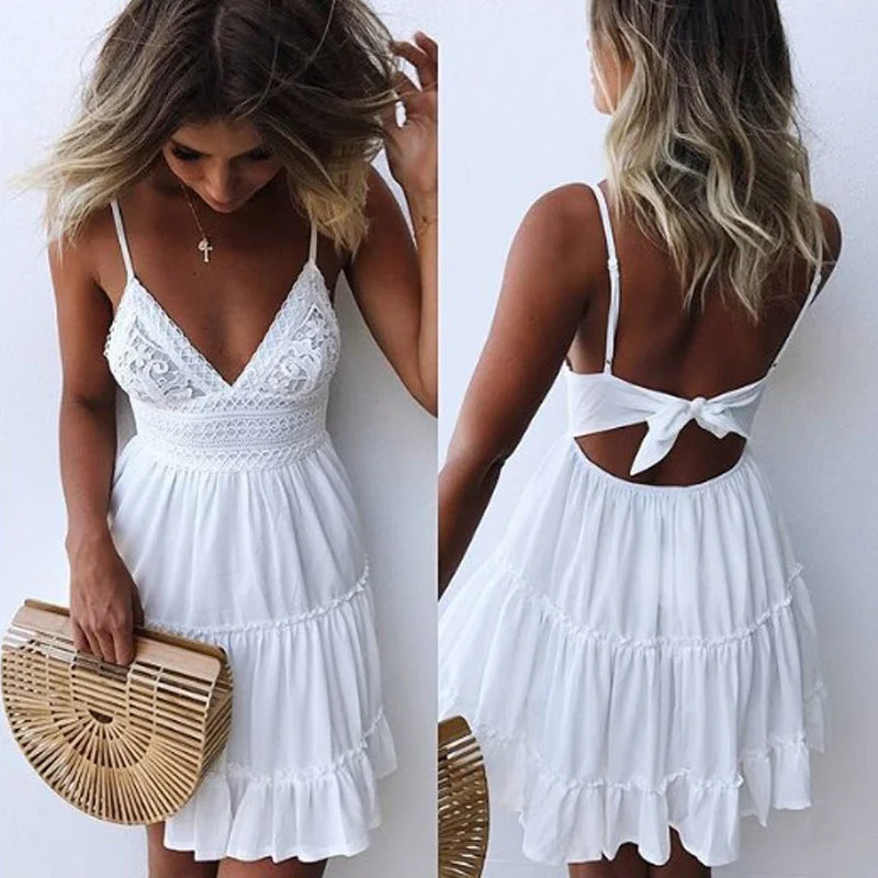 Brownm Lace V-neck Strap Stitching Other Women's Dress Backless Bow Flounced Skirt