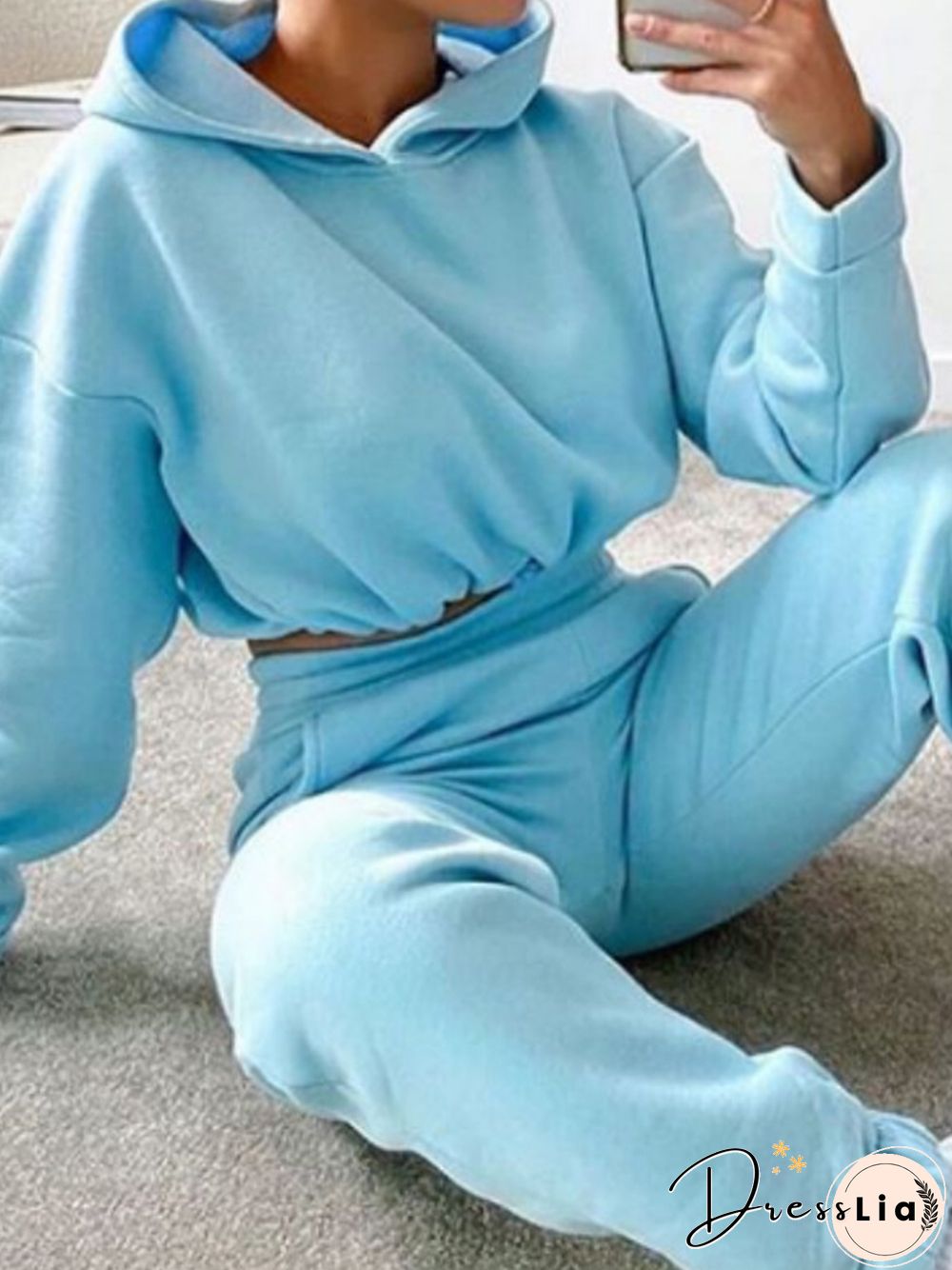 Plain Short Long Sleeve Hoodie 2-Piece Set