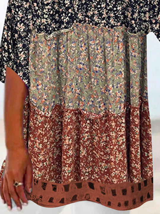 Women Half Sleeve V-neck Solid Color Dress