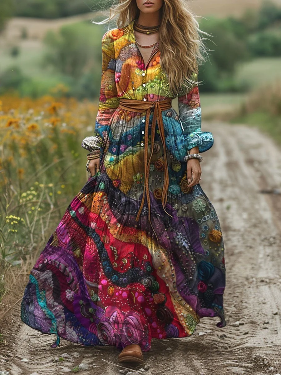 Women's Colorful Rainbow Color Matching Print Pocket Cotton Dress