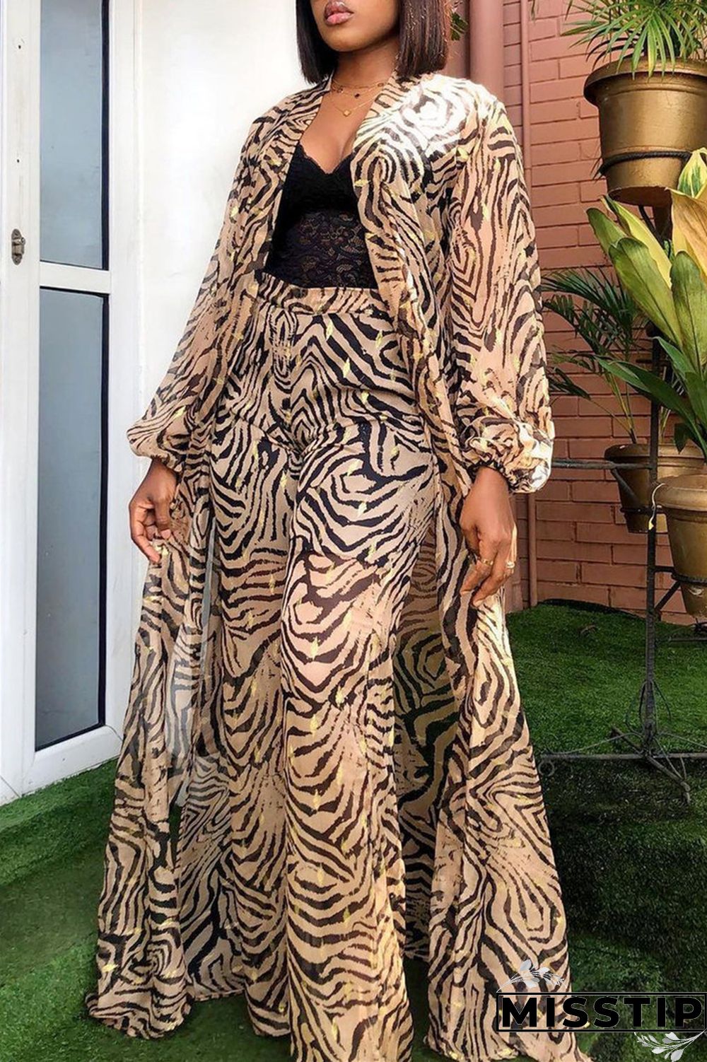 Blue Fashion Casual Print Slit V Neck Long Sleeve Two Pieces